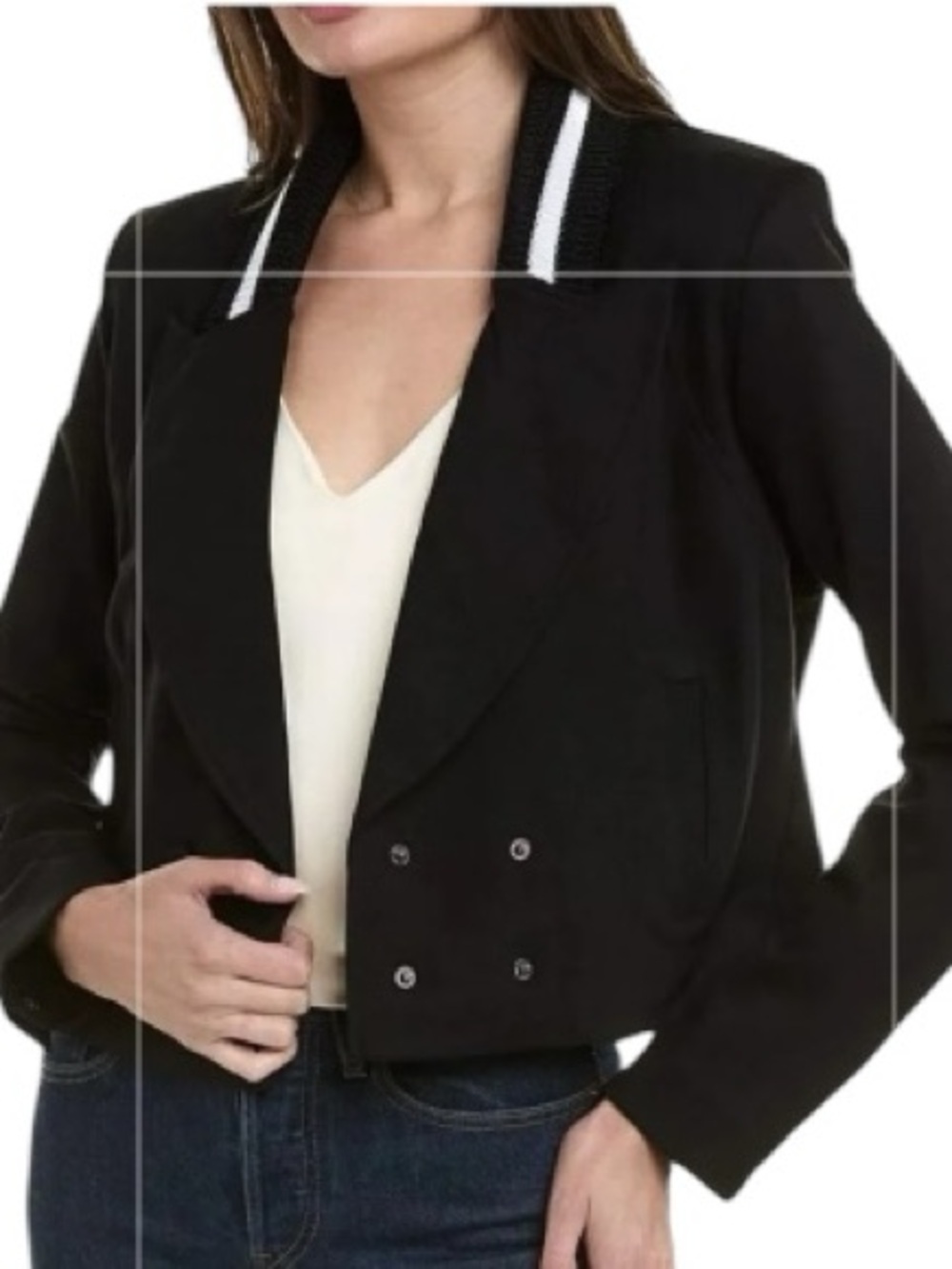 CABI Black Tie Jacket featuring a distinctive white striped collar